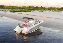 boston whaler pulling up on the shore