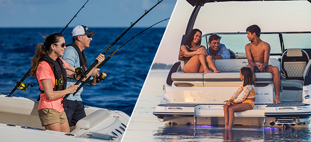 Side by side shot of families enjoying center and dual console boats