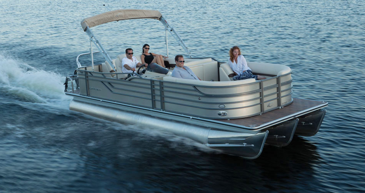 Crest pontoon boat out on the water