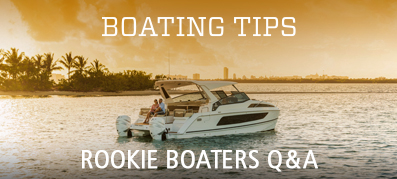 Boat on the water with "boating tips rookie boaters q and a" wording