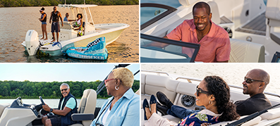 Black boaters pictured enjoying the water aboard various boat types