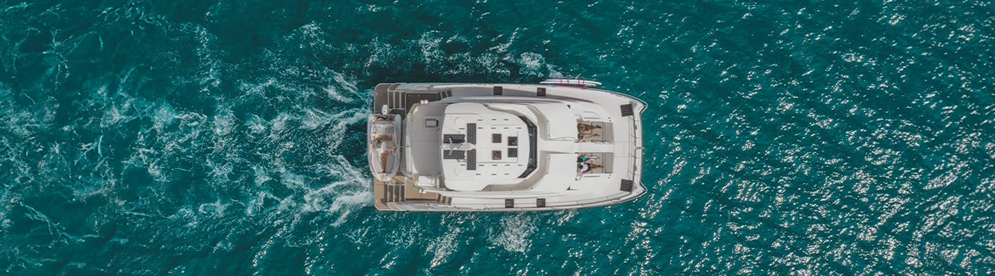 top view of power catamaran in the water